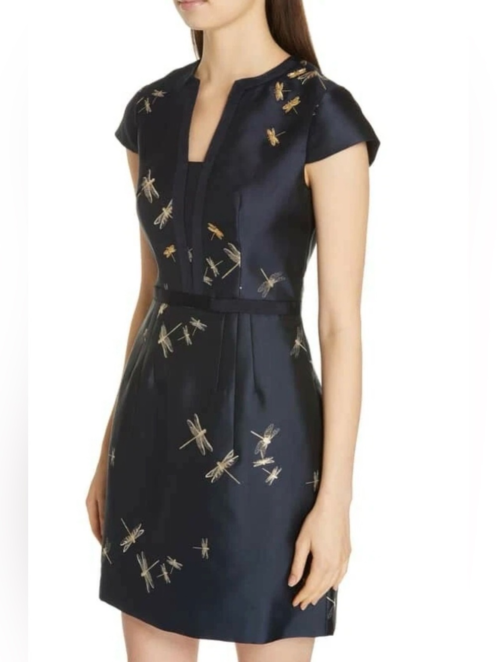 Ted Baker Hartty Dragonfly Jacquard Fit & Flare Dress Navy Gold Size 2
